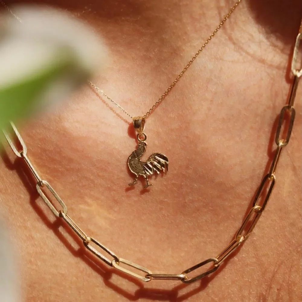 Rooster 14k solid gold pendant